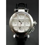 18K WHITE GOLD CARTIER AUTOMATIC LADIES NOUGHTS AND CROSSES, DIAMOND WRISTWATCH. ON THE ORIGINAL