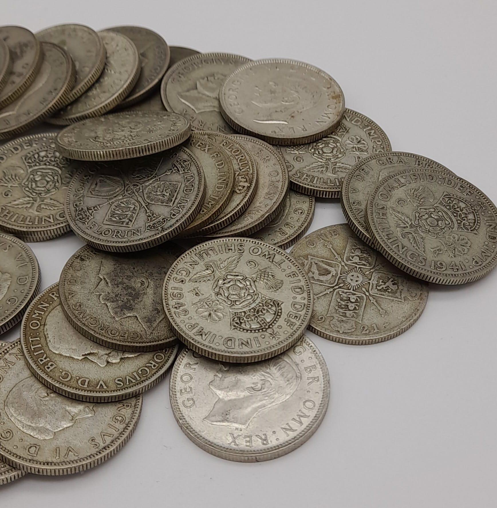 A Lot of Pre 1947 Silver Two Shilling (Florin) Coins. 534g total. - Image 3 of 3