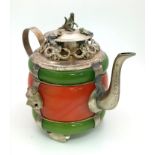 A Chinese Green and Red Jade Tibetan-Silver Teapot. Removable lid with frog and monkey decoration.