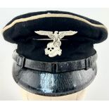 WW2 German SS (Allgemeine) NCO’s Uniform Peaked Cap. Heavy black wool construction with white cotton