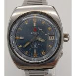 A Rare Vintage Roamer Stingray Rotodate Gents Watch. Stainless steel strap and case - 36mm. Blue