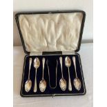 Antique Edwardian SILVER TEASPOON SET with matching SILVER SUGAR TONGS, presented in the original