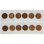 COLLECTION OF 6 HALF PENNY PENNIES DATED 1915, 1920, 1936, 1947, 1959 & 1965