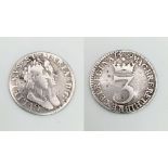 A William and Mary 1689 Silver Threepence Coin. S3441. Please see photos for conditions.