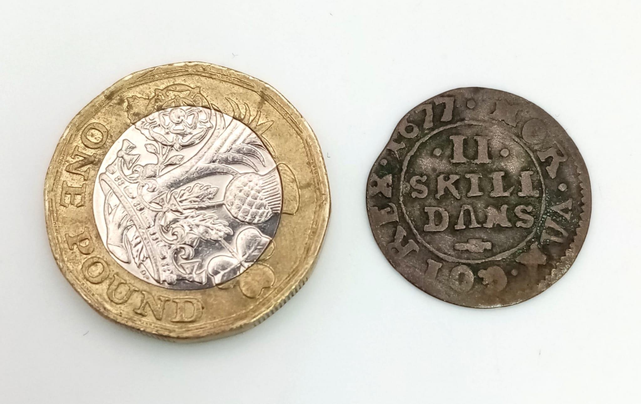 A Danish 1677 Silver Two Skilling Dansk Coin. - Image 3 of 4