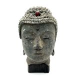 AN EXTREMELY OLD ANTIQUE GEM SET HAND CARVED WOODEN BUDDHIST HEAD WITH FLAT BACK 25 X 13cms. a/f