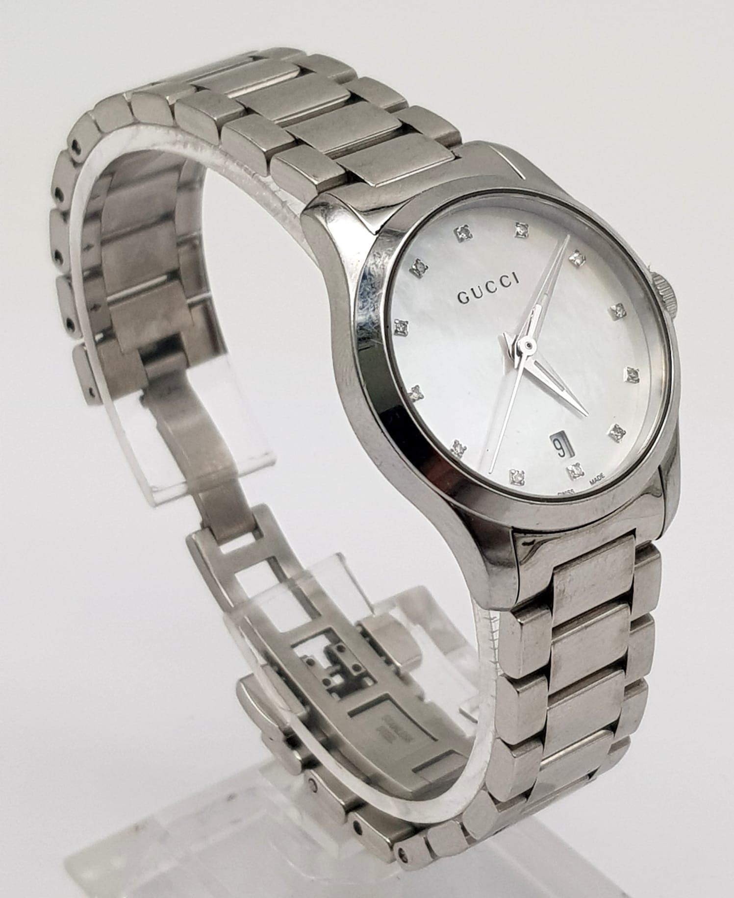 GUCCI STEEL BRACELET WATCH 126.5 16282052 MOTHER OF PEARL DIAL WITH DIAMONDS FULL WORKING ORDER - Image 2 of 5