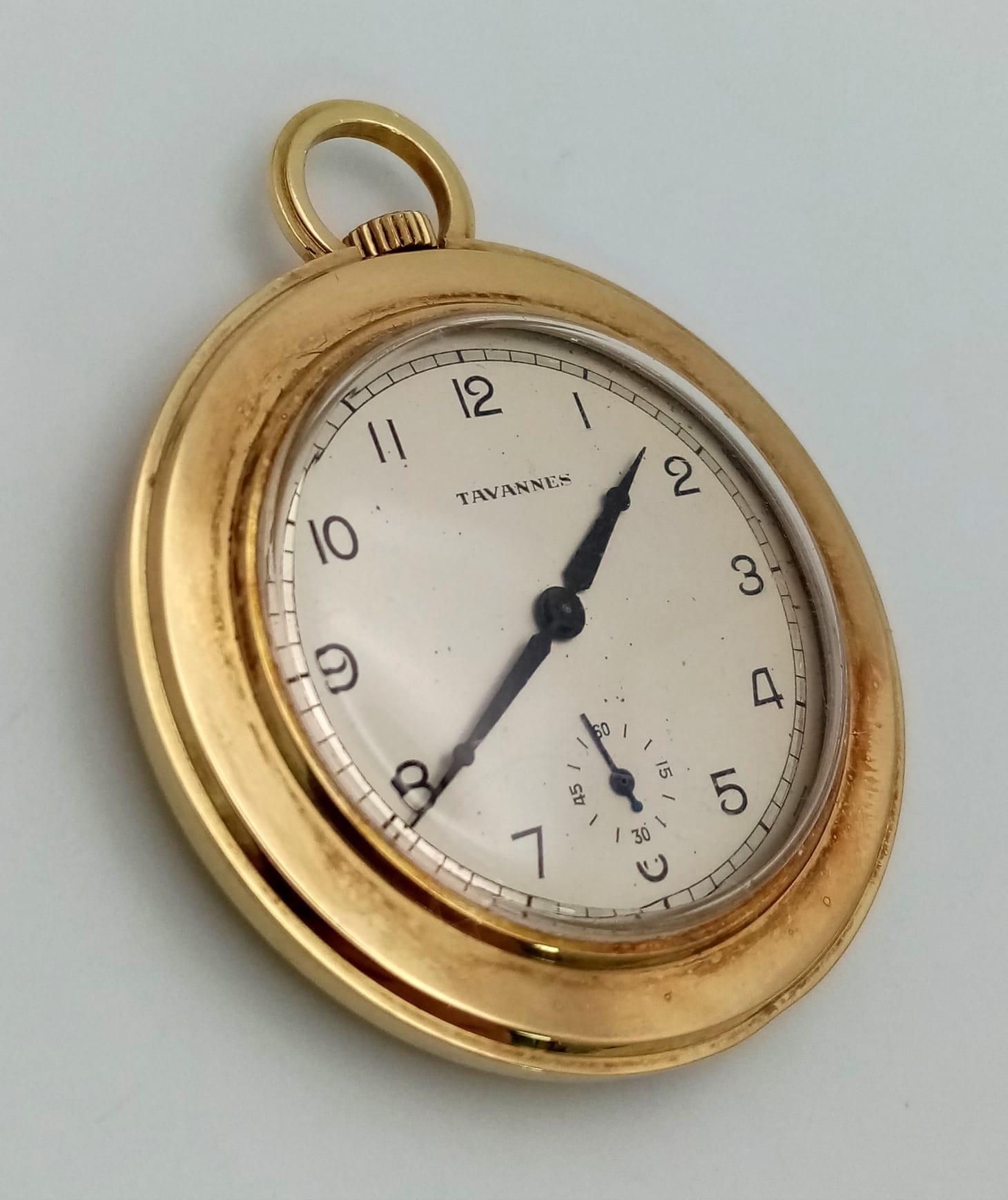 A Vintage 18K Yellow Gold Cased Tavannes Pocket Watch. Top winder. White dial with second sub