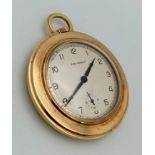 A Vintage 18K Yellow Gold Cased Tavannes Pocket Watch. Top winder. White dial with second sub