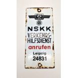 3rd Reich N.S.K.K Enamel Sign “For traffic assistance call Leipzig 24831”.