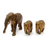 Three Vintage Brass Elephant Figurines - A Mother with two calves. Mother - 10cm tall.