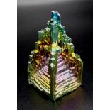 A complete and undamaged Bismuth crystal exhibiting nice iridescent colours. Height: 52 mm,