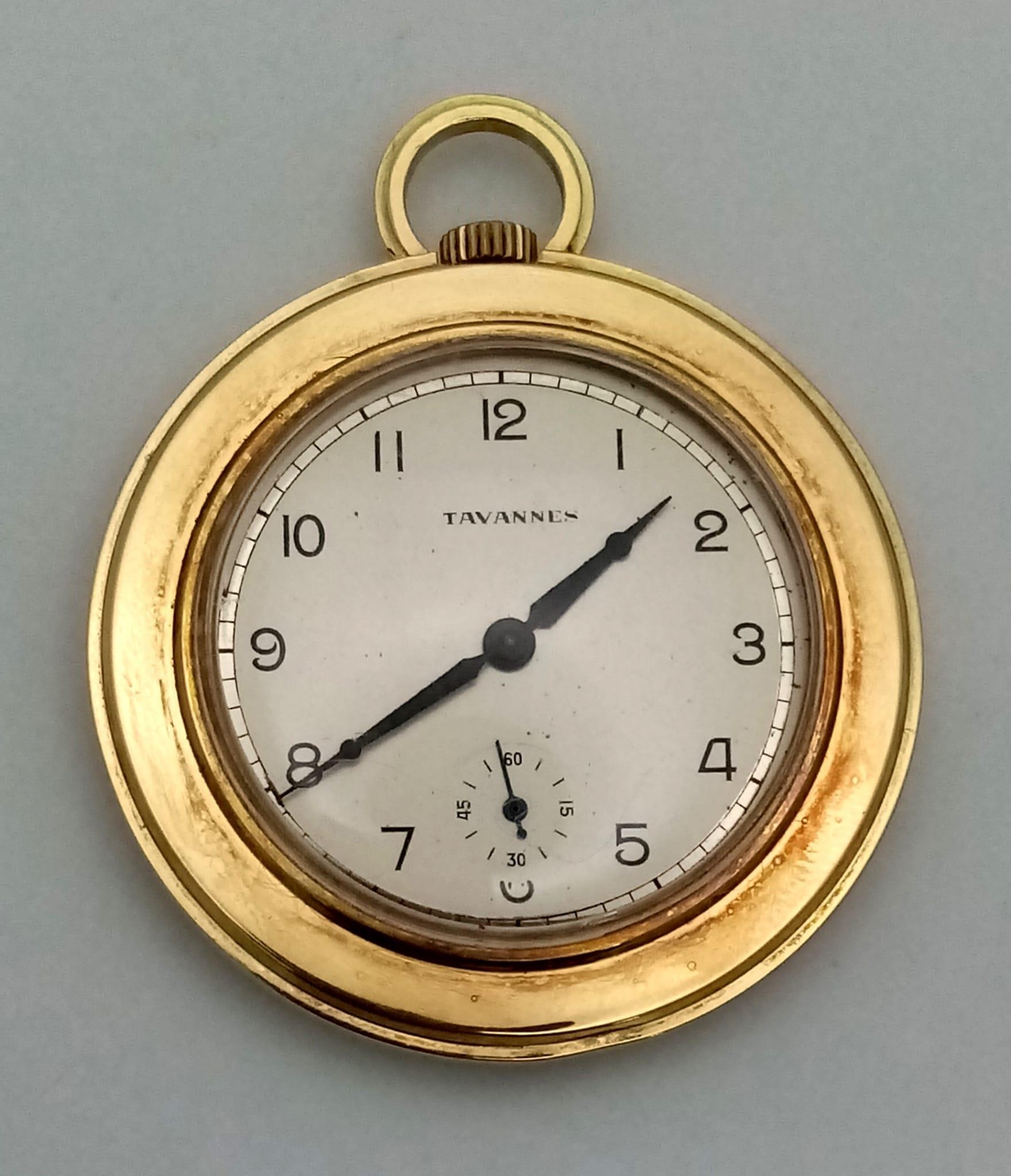 A Vintage 18K Yellow Gold Cased Tavannes Pocket Watch. Top winder. White dial with second sub - Image 2 of 4