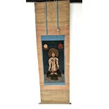 AN ANCIENT HAND PAINTED CHINESE BUDDHIST PAINTING ON A SCROLL, CIRCA 1600'S , 51 X 28cms