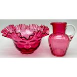 A Cranberry Glass Dish, 10cm tall and 19cm diameter And a Cranberry Glass Small Jug, 12cm in Height,