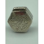 Vintage SILVER PILL BOX in small hexagonal form having engraved floral design to lid. Excellent