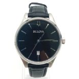 A Bulova Quartz Gents Watch. Black leather strap. Stainless steel case - 36mm. Black dial with