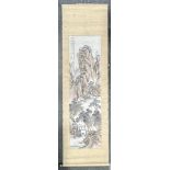 A TANG DYNASTY PAINTED SILK SCROLL BY ZHOU FANG DEPICTING A MOUNTAIN PASS NEAR HIS HOME IN CHANG'