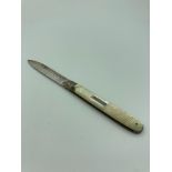 Antique Georgian SILVER BLADED FRUIT KNIFE with mother of pearl handle. Hallmark rubbed but visible.