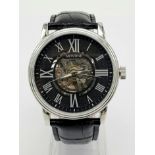 A Montine Skeleton Automatic Gents Watch. Black leather strap. Stainless steel case - 43mm. In