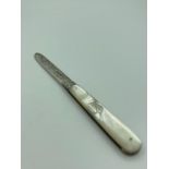 Antique SILVER BLADED FRUIT KNIFE with mother of pearl handle, having exceptional engraving to