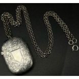 An Antique Silver Vesta Case with Blank Cartouche Pendant on a Silver Chain. Birmingham hallmarks.