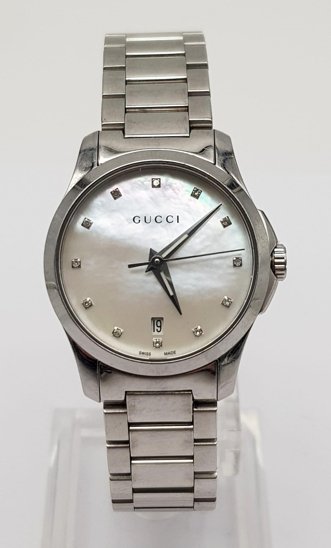 GUCCI STEEL BRACELET WATCH 126.5 16282052 MOTHER OF PEARL DIAL WITH DIAMONDS FULL WORKING ORDER