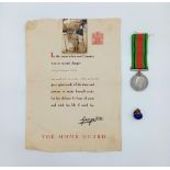 WW2 British Home Guard Defence Medal with Certificate of Service, Lapel Pin and Photograph.