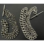Two Vintage Possibly Antique Sterling Silver Albert Chains. 38 and 43cm. 77g total weight.
