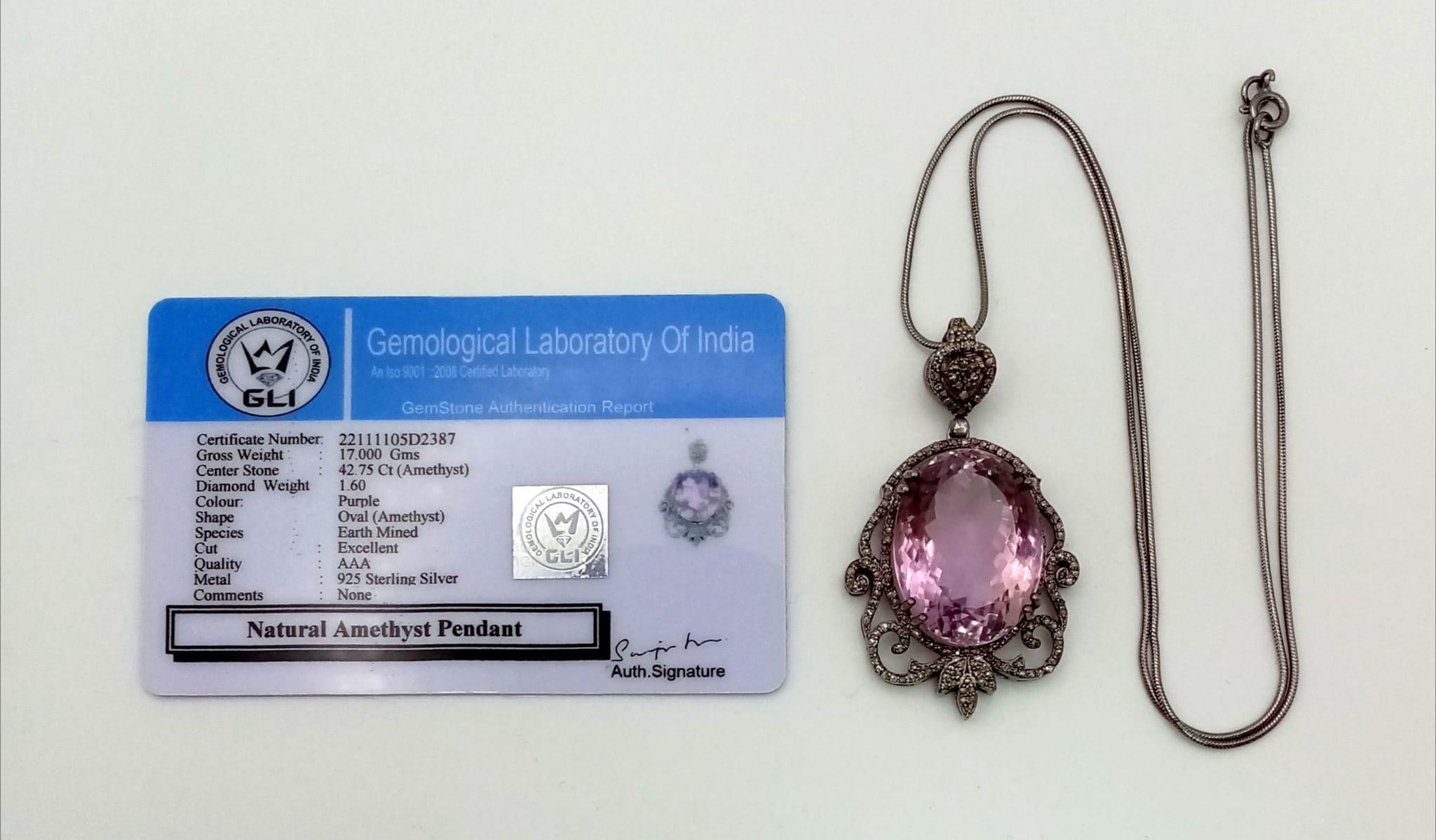 A 42.75ct Natural Oval cut Amethyst Pendant, set in 925 silver, decorated with a Diamond surround. - Image 4 of 4