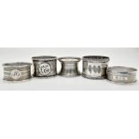 Five Vintage/Antique 925 Sterling Silver Napkin Rings. 95g total weight.