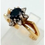 18K YELLOW GOLD VINTAGE DIAMOND & SAPPHIRE CLUSTER RING. WEIGHS 4.4G. SIZE J