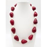 An Impressive Large Red Corundum Teardrop and Pearl Statement Necklace. 52cm length. Teardrops -3cm.