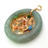 An Antique Chinese Jade Pendant. High-Karat Gold with Emerald, Ruby and Opal decoration. 11.25G