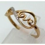 9k yellow gold diamond set 'love' infinity ring. Total Weight 1.5g, size N (dia:0.01ct)