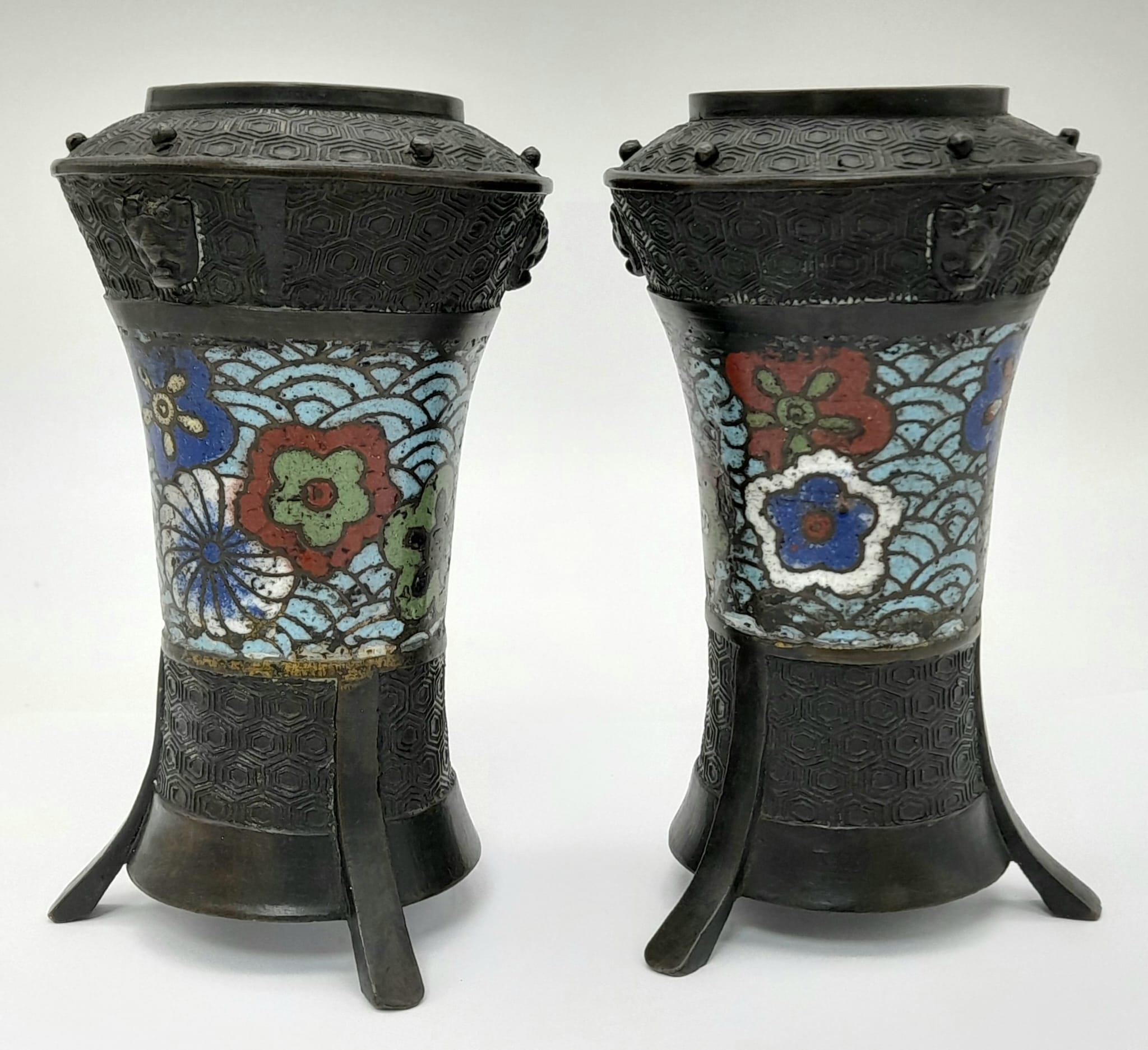 A Pair of 19th Century Chinese Bronze Vases with Enamel Cloisonné Decoration. 16cm tall