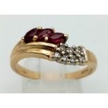 9K YELLOW GOLD DIAMOND & RUBY RING. WEIGHS 3.2G. SIZE R