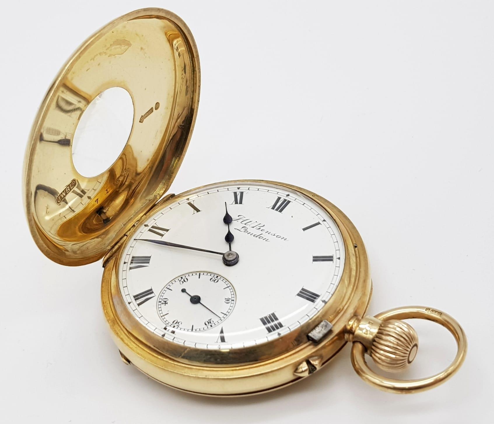 A Wonderfully Crafted 9K Gold J.W. Benson Half-Hunter Pocket Watch. White dial with sub second dial. - Image 2 of 9