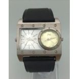 A Next Dual Time Gents Watch. Black leather strap. Rectangular case - 38mm. Separate yellow and