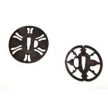 ANTIQUE EDO PERIOD JAPANESE SAURAI SWORD TSUBA'S , SUKASHI STYLE SET OF 2 , 78 X 80mm AND 70 X 65mm.