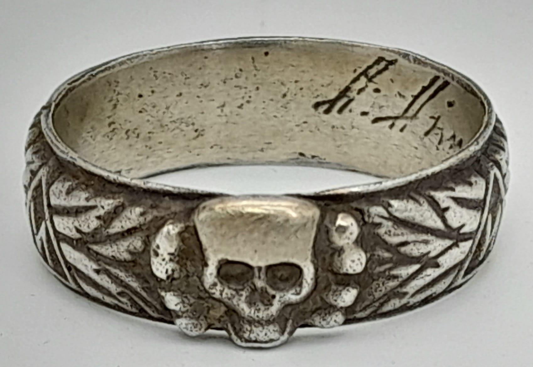 WW2 Period German Silver Skull Tote Ring with Inscription on Inner Shank Size Z+1. 9.06 Grams