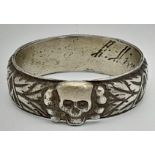 WW2 Period German Silver Skull Tote Ring with Inscription on Inner Shank Size Z+1. 9.06 Grams