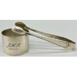 A Quirky 925 Silver mix lot of Napkin Ring and tongs. Tongs are Marked for James Deakin &Sons