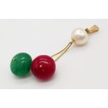 A tassel-style pearl, ruby and emerald pendant set in 14k gold. 8ct estimate ruby and emerald.