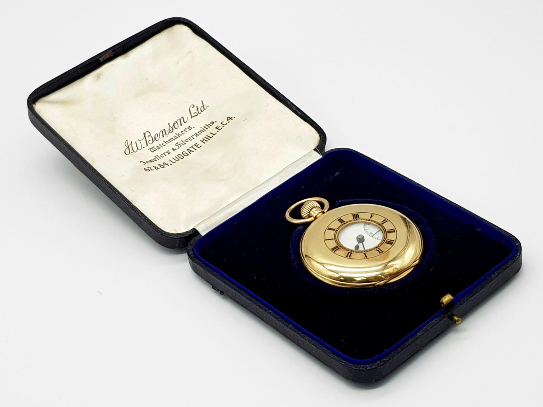 A Wonderfully Crafted 9K Gold J.W. Benson Half-Hunter Pocket Watch. White dial with sub second dial. - Image 8 of 9