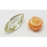 Set of 2 Gemstones. 3.90 Ct Pink Coral - Specimen Shape. 4.35 Ct Faceted Green Amethyst - Marquise