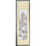 A CHINESE PAINTING ON SILK SCROLL FROM THE TANG DYNASTY, DEPICTING A MOUNTAIN PASS NEAR THE ARTIST'S