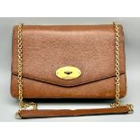 A Mulberry Grain Brown Leather Darley Shoulder Flap Bag. Gilded hardware. Multiple interior