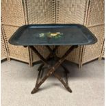 An Antique Chinese Black Painted Tray, with hand-painted floral decoration. Sits beautifully on a