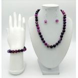 An Amethyst Necklace, Bracelet and Earring Set. 10mm beads. 42cm necklace. Earrings - 2.5cm drop.